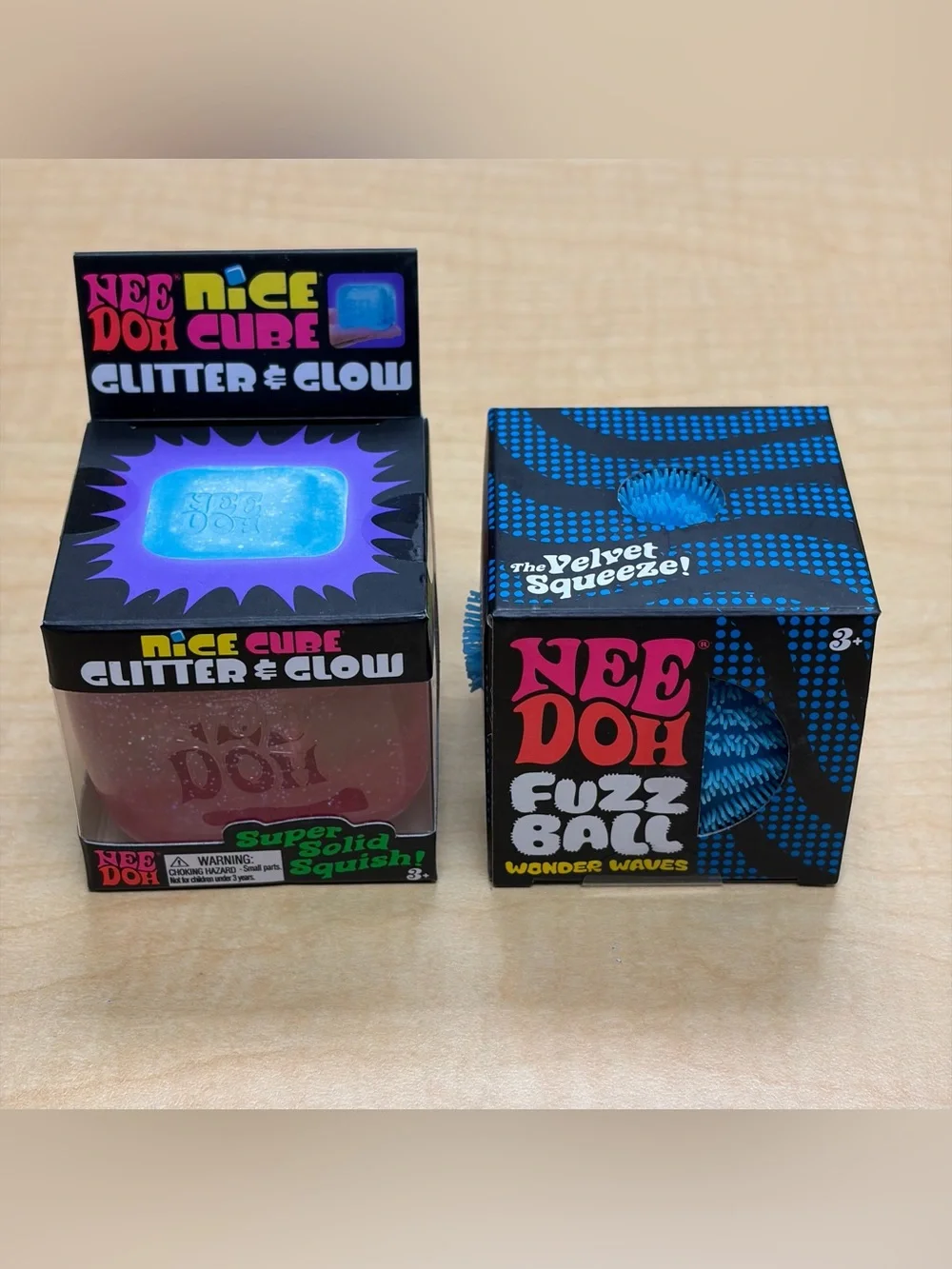 Lot of 2: Needoh Fuzz Ball Wonder/Nice Cube Glitter & Glow Fidget Blue/Pink New